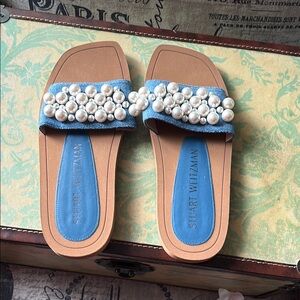 New Stuart Weitzman Blue Pearl Embellished Women's Sandals